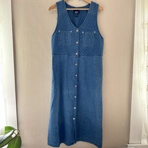 VTG BJS 90s Denim Quilted Jumper Midi Dress Size M Modest Cottagecore Prairie